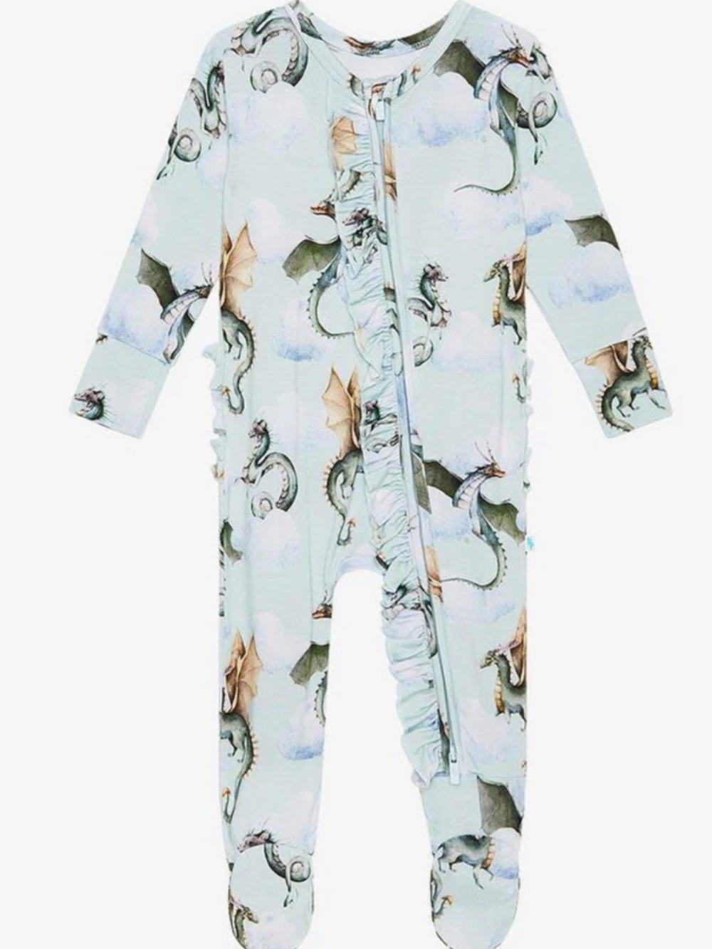 PoshPeanut Dragon Print Footed One-Piece - Pale Blue